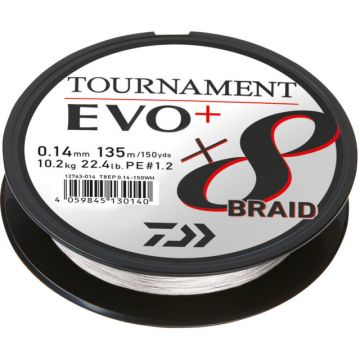 Fir textil Daiwa Tournament X8 BRAID EVO+, alb, 135m (Diametru fir: 0.14 mm)