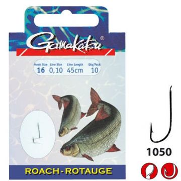 Carlige legate Gamakatsu 1050N, Roach, 0.10mm, 70cm, 10buc (Marime Carlige: Nr. 18)