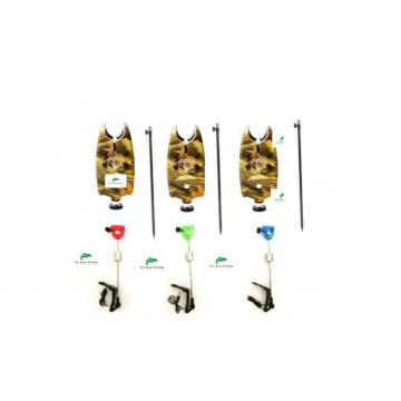 Set  3 senzori /avertizori  pescuit, baterii 9v cu 3 swingere cu led si 3 picheti