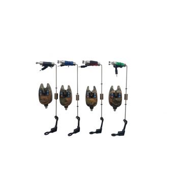 Set 4 senzori /avertizori pescuit camuflaj si 4 swingeri multicolor