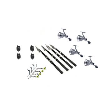 Set pescuit prokarpfishing cu 4  Lansete telescopice , 4 mulinete cu fir si 4 avertizori cu 4 swingere cu led